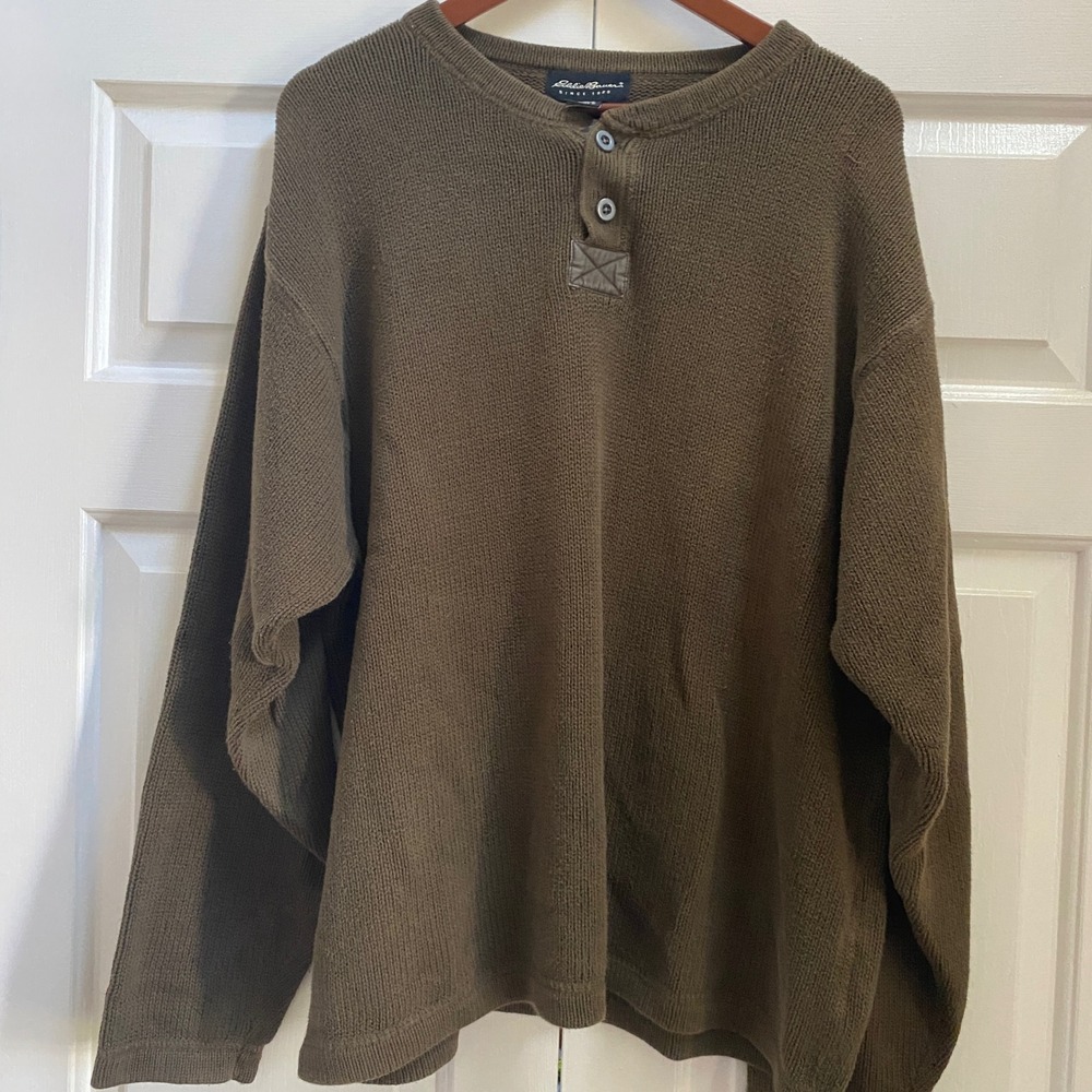 Eddie Bauer Henley Pullover Sweater Mens XL Green Cotton Chunky Farm Outdoor - Picture 4 of 8